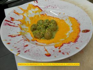 Amaranth gnocchi with sauce of acid carrot and pistachos pesto at Marco Vitale Chef in Florence