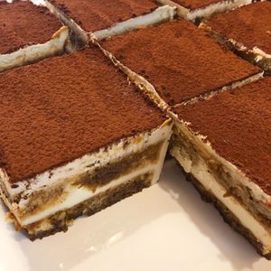 Vegan desserts like Tiramisu are always in the chiller to feast on! at Minkiemoo Bakery in Milton Keynes