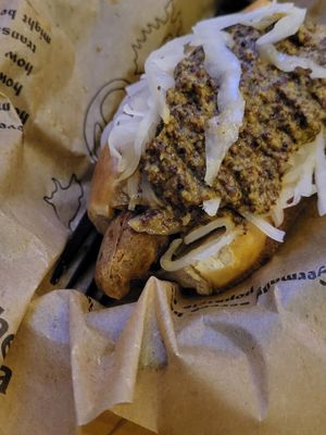 Vegan brat from The Herbivorous Butcher with a vegan bun, brined kraut, caramelized onions, and beer & herb stout mustard. at New Bohemia in Golden Valley