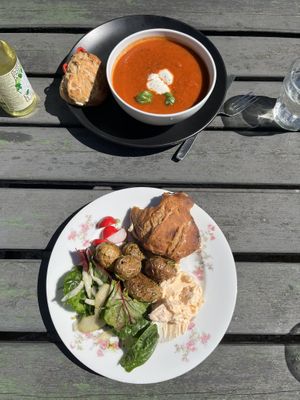The plate of potatoes, salad, sandwich and vegan feta is vegan!   at Not Quite in Fengersfors