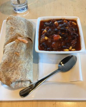 Veggie Wrap & bowl of Black Bean Chili. Great lunch combo. at Peoples Organic in Eden Prairie