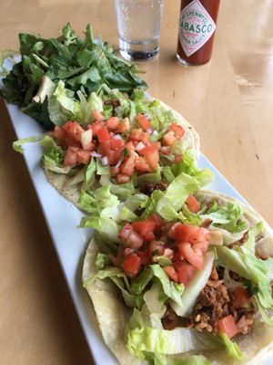 Vegan Street Tacos with cauliflower chorizo. Tasty, but the appetizer size entrée left me hungry, so I also ordered a cup of Vegan Black Bean Chili to complete the meal. at Peoples Organic in Eden Prairie