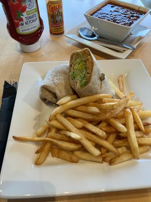 "Peoples Best Veggie Wrap" and a bowl of "Vegan Black Bean Chili".  at Peoples Organic in Eden Prairie