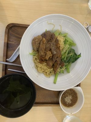 Vegan roasted duck with noodle  at Bai Plu House in Bangkok