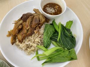 Vegan roasted duck with rice, 139 baht (plus 7% tax)  at Bai Plu House in Bangkok