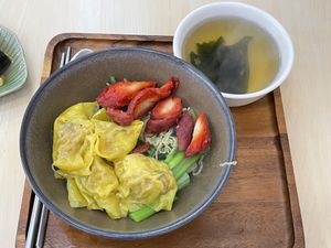 Dried noodles and red roasted vegan pork, 119 baht (plus 7% tax)  at Bai Plu House in Bangkok