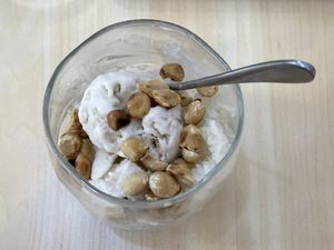 Homemade vegan coconut ice cream with coconut milk and sticky rice, 60 baht (plus 7% tax)  at Bai Plu House in Bangkok