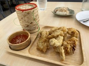 Angel vegan chicken deep fried and sticky rice, 79 baht (plus 7% tax)  at Bai Plu House in Bangkok