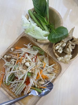 Delicious papaya salad (but wasn’t spicy )  at Bai Plu House in Bangkok