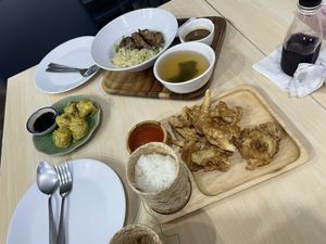 Round 1: Duck with noodles, crispy chicken & rice, 3 mushroom dumplingss  at Bai Plu House in Bangkok