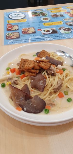 Vegan creamy pasta at Bai Plu House in Bangkok