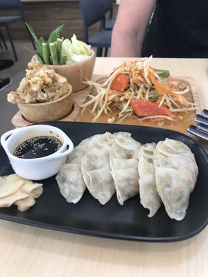 Green papaya salad and goyza at Bai Plu House in Bangkok