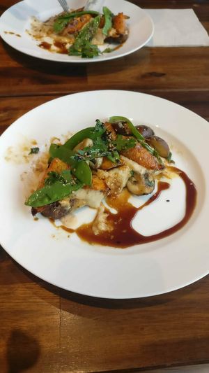 Hummus, carrot, mushroom and peas on bread at Café Nullpunkt in Berlin