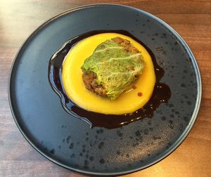 Lentil and fermented pearl barley, squash veloute at Land in Birmingham