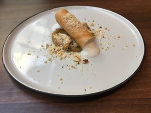 Feuille de brick with bay leaf foam and apples at Land in Birmingham