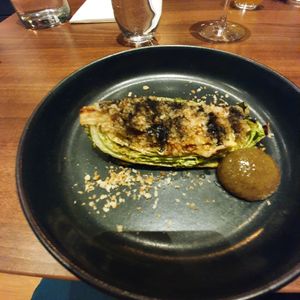 roasted hispi cabbage with miso, breadcrumbs and an apple sauce at Land in Birmingham