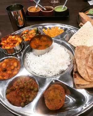 Special mixed thali. Every Thursday is Thali Thursday. You eat until you can eat no more. It’s a set menu with a vegan option of everything and the staff keep your plate FULL  at Lily's Vegetarian Indian Cuisine in Ashton-under-lyne