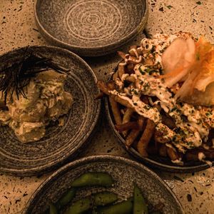 Edamame, fries Mayo and kimchi, potatoes salad  at Umami Ramen & Izakaya in Montreal