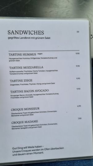 Menu at Madame Tartine in Cologne