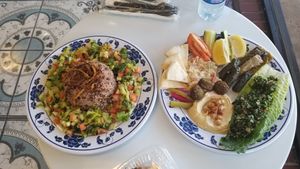Mjadarah platter and sampler platter at Nabati Vegan Mediterranean in Oklahoma City