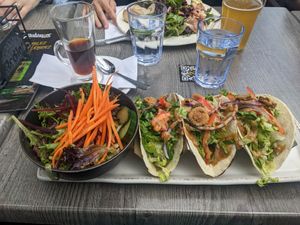 Portobello mushroom tacos. Can come with a salad or fries at Baltazar in Laval
