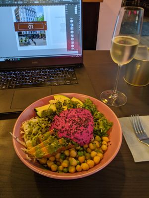 Pink hummus bowl at RoseHip Bistro - Pylimo in Vilnius