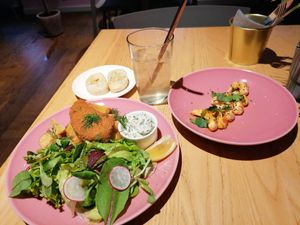 Vegan prawns for starters & Vegan Fish+Chips for main at RoseHip Bistro - Pylimo in Vilnius