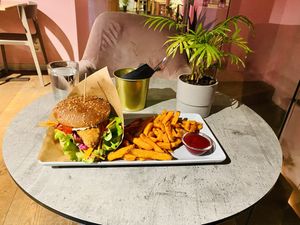 ‘Fish’ burger and fries   at RoseHip Bistro - Pylimo in Vilnius