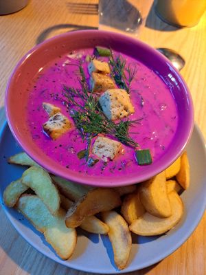 Extremely important moment for any vegan Lithuanian - proper šaltibarščiai with potato! at RoseHip Bistro - Pylimo in Vilnius