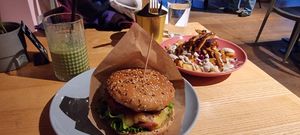 Can burger and loaded chips with tempeh at RoseHip Bistro - Pylimo in Vilnius