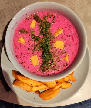 Pink soup at RoseHip Bistro - Pylimo in Vilnius