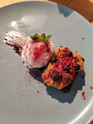 Peanut butter Brownie with ice cream at RoseHip Bistro - Pylimo in Vilnius