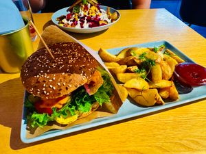 Fries, beet ketchup and Beyond Meat Burger at RoseHip Bistro - Pylimo in Vilnius