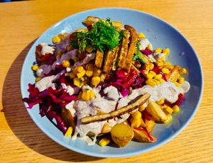 Bechamel sauce and tempeh potatoes. at RoseHip Bistro - Pylimo in Vilnius