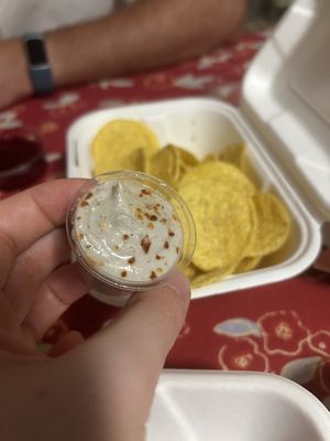 Chips with cashew sauce  at RoseHip Bistro - Pylimo in Vilnius