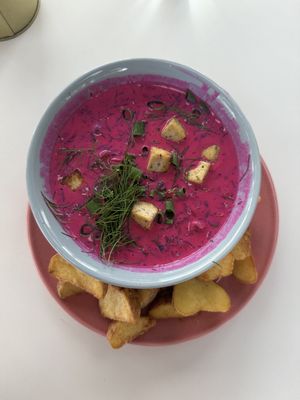 Vegan pink cold soup  at RoseHip Bistro - Pylimo in Vilnius