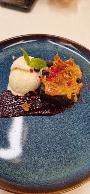 Brownie with peanut butter, jam & ice cream. at RoseHip Bistro - Pylimo in Vilnius