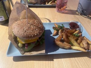 Beyond Meat Mexican burger with fries  at RoseHip Bistro - Pylimo in Vilnius