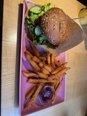 Beetroot ketchup, TEMPEH BURGER with kimchi  at RoseHip Bistro - Pylimo in Vilnius