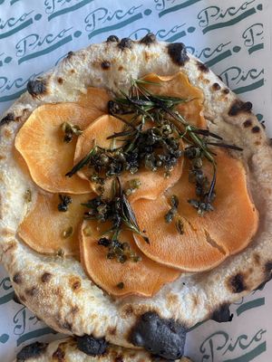 Vegan pizza with sweet potato and cashew cream  at Pico Pizza - Nørrebro in Copenhagen