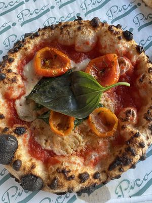 Vegan margarita pizza with tomatoes and cashew cream  at Pico Pizza - Nørrebro in Copenhagen