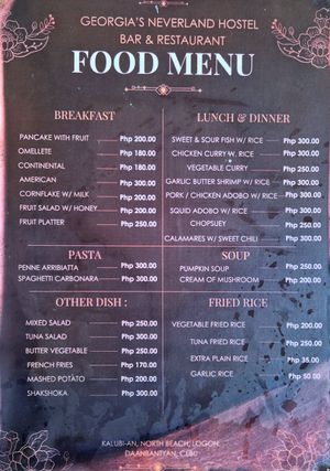 Menu at Neverland in Cebu