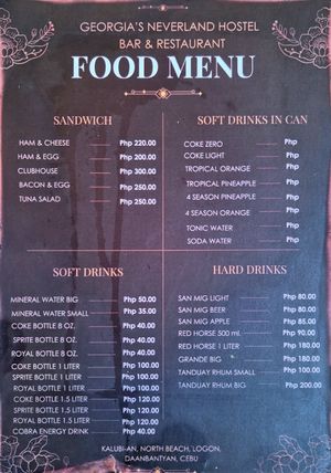 Menu at Neverland in Cebu