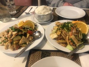 Cashew nut chilli jam left, satay noodles right at Cooma Thai in Cooma