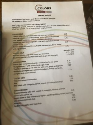 The vegan menu at Colors in Wageningen