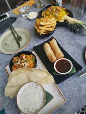 Curry, loempia's en nog iets met rijst. Oh en friet. Let op dat je vegan mayo vraagt, wij kregen aioili erbij, die was niet vegan. at Colors in Wageningen