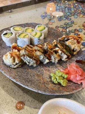 Avocado rolls and fried garden rolls (I think)  at Sugar Roll Japanese Cuisine in Dieppe