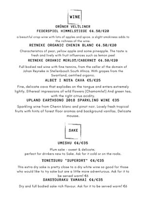 Plant Based Sushi wine and sake menu at Plant Based Sushi in Amsterdam