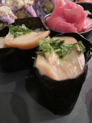 Gunkan king - marinated mushroom oyster scallop on a rice ball (JUM!) at Plant Based Sushi in Amsterdam