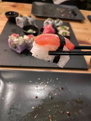'Salmon' nigiri - bit plain for my taste at Plant Based Sushi in Amsterdam